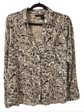 White & Black Tahari Tropical Long Sleeve Pocket Linen-Blend Button Down Shirt